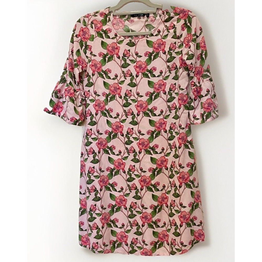 Melange M Pink Floral Short Dress Bell 3/4 Sleeves Viscose Roses Cottage Prairie